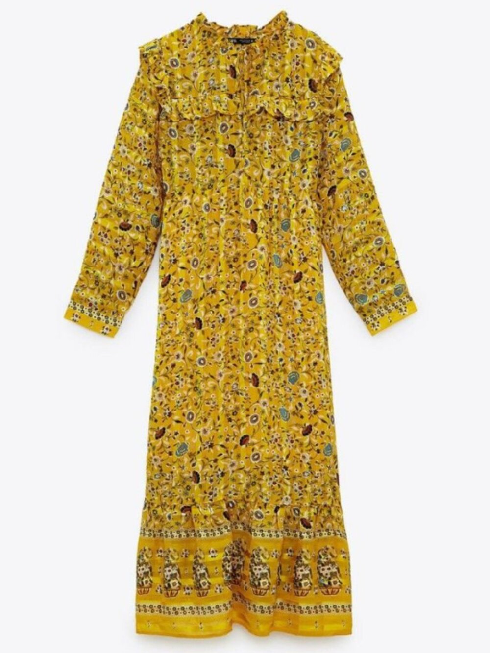 Zara Mustard Yellow Floral Print Chiffon Bohemian Shift Dress Boho Maxi Sz L